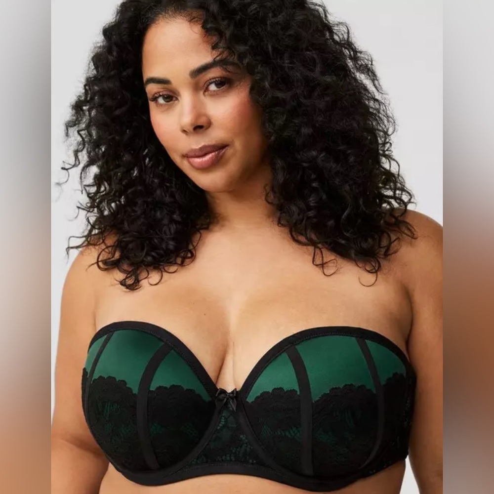 Torrid Curve Bombshell Strapless Padded Push-Up Bra 44C NWT Black Lace and Green - Picture 2 of 5
